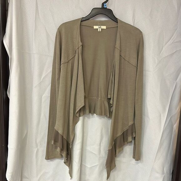 Tan Waterfall Cardigan Sweater with Asymmetrical Hem - Picture 1 of 3